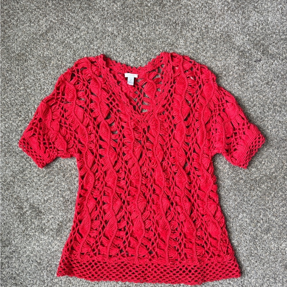 Chico's Coral Open-Knit V-Neck Short Sleeve Top